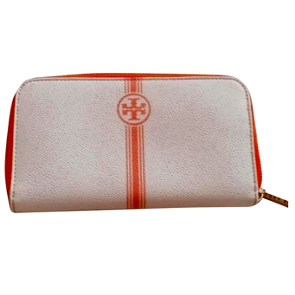 🍊 Tory Burch Off-White Orange Striped Leather Zipper Wallet NWOT!